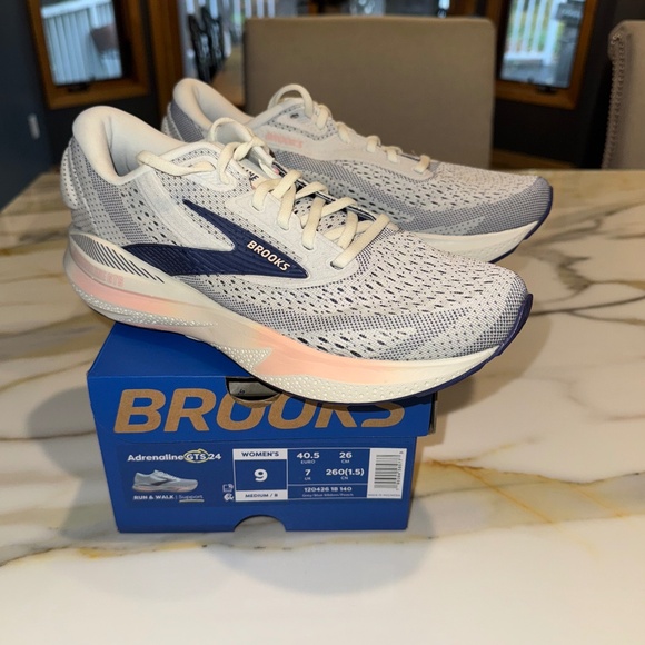 Brooks Adrenaline GTS 24  Run/Walk Shoe Alloy/Ribbon Blue/Peach Women's sz 9 M - Picture 1 of 10